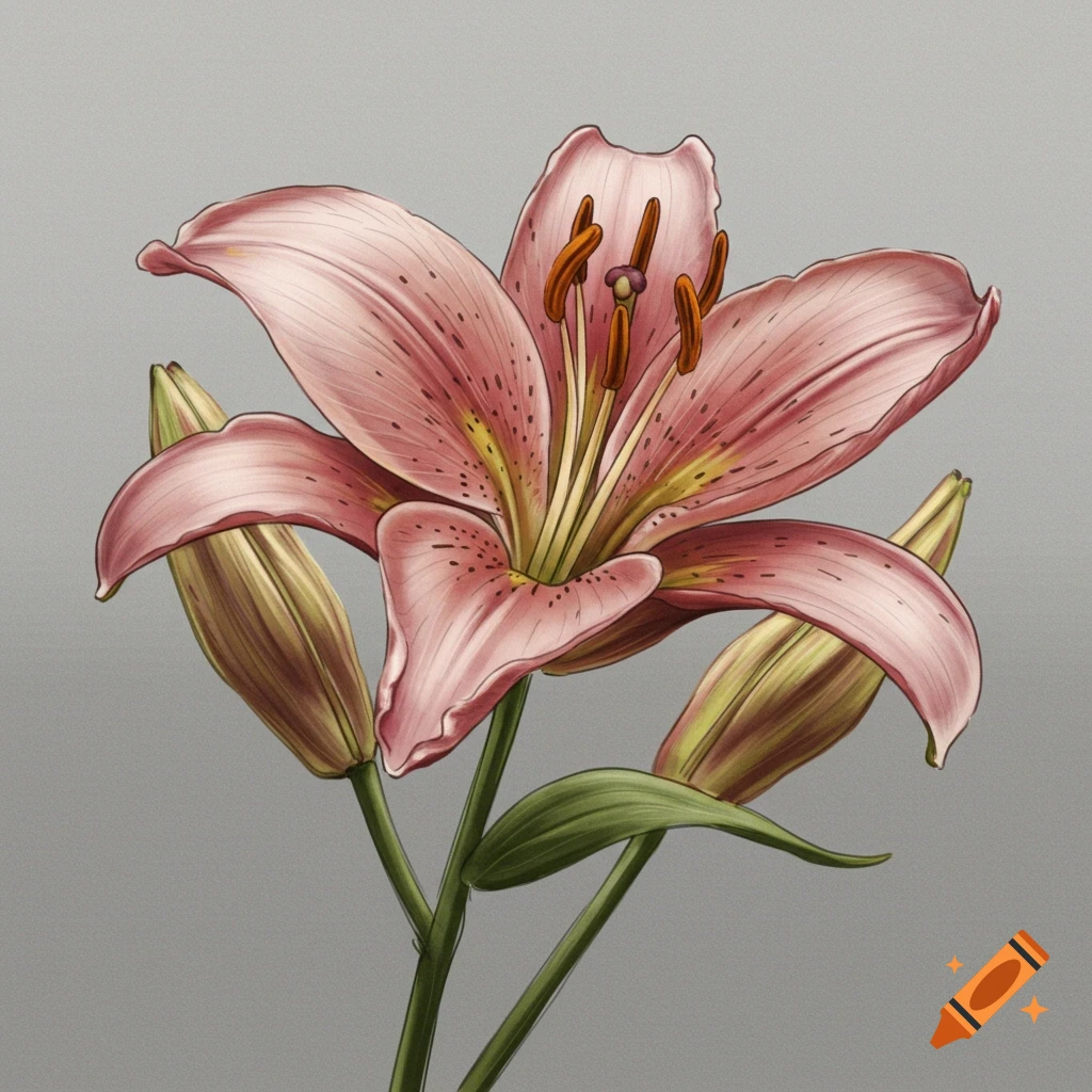 A pink lily flower with buds on a gray background.