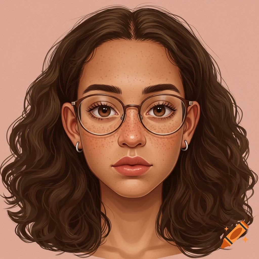 A close-up stylized portrait illustration of a young woman with brown wavy hair, freckles, and glasses.