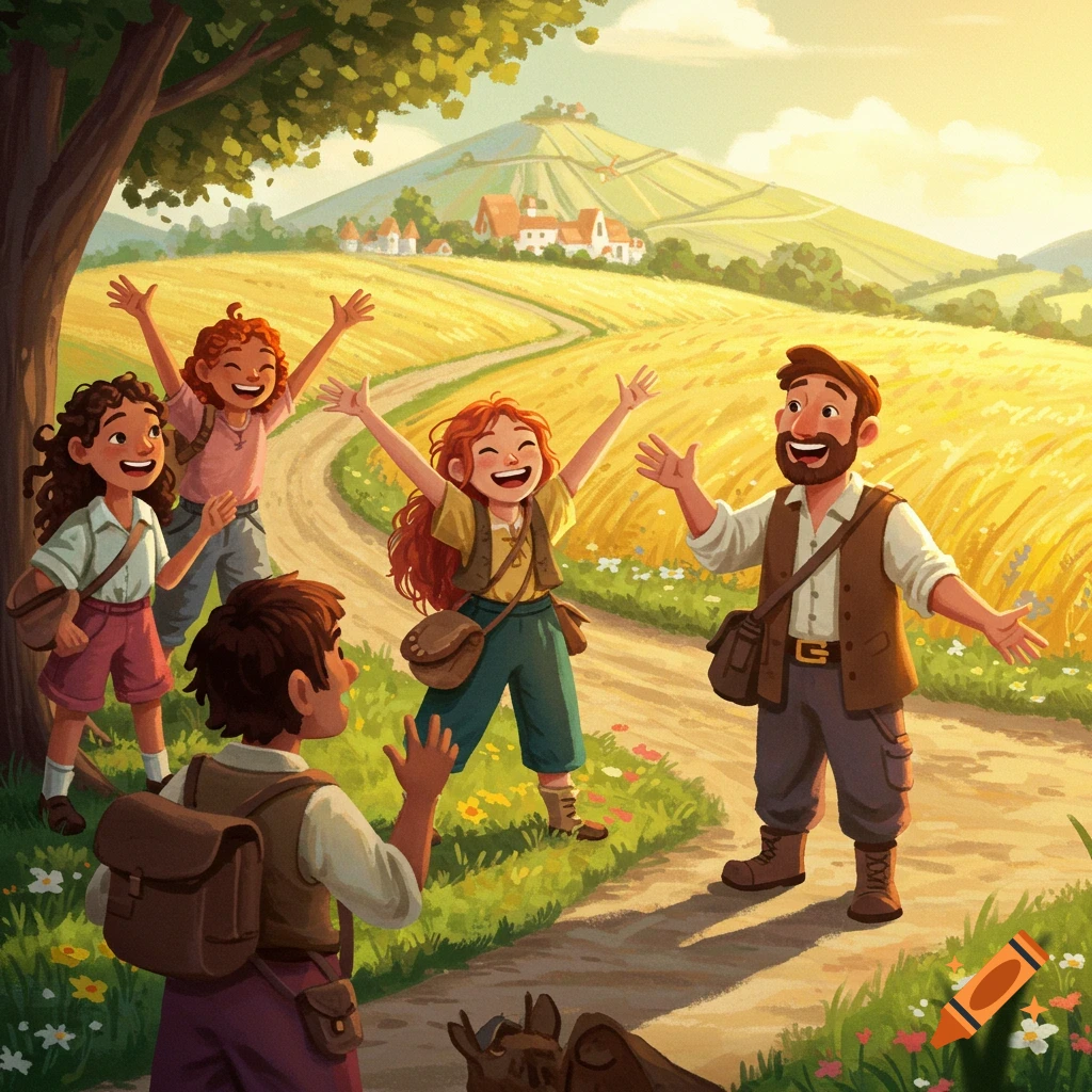 Happy people wave on a sunny rural path.