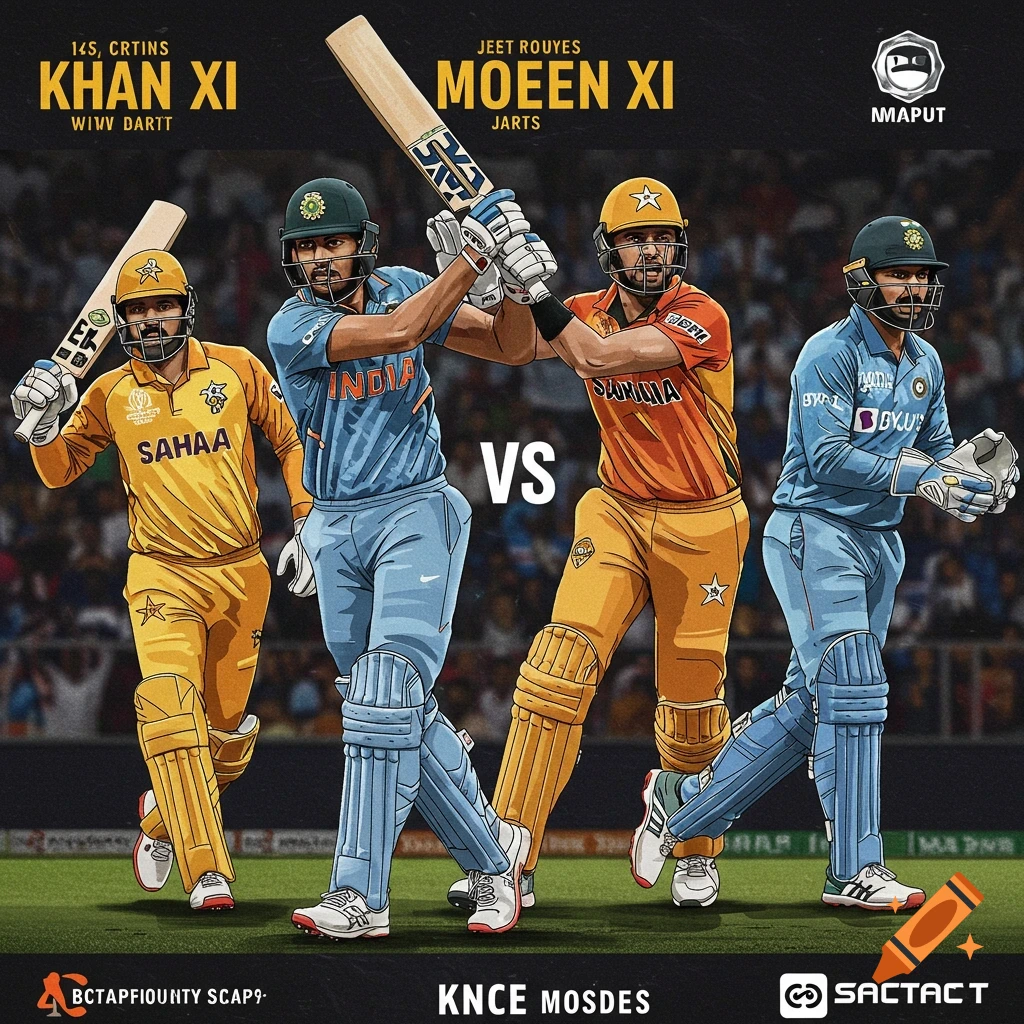 Digital art poster showing four cricketers in dynamic poses on a field.