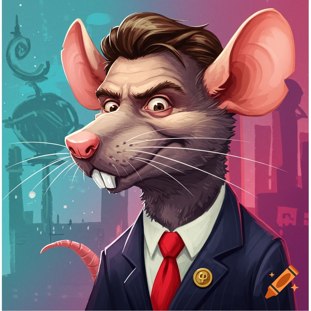 A rat wearing a dark suit and red tie against a city background.