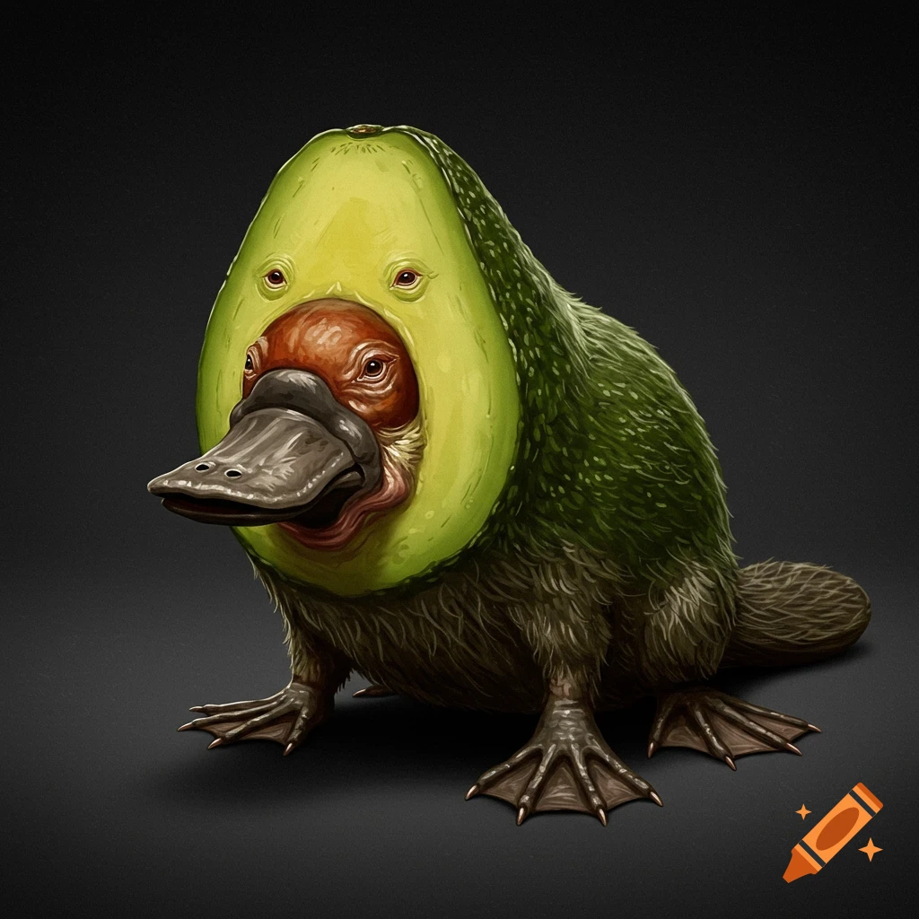 A realistic creature hybrid of an avocado and a platypus.