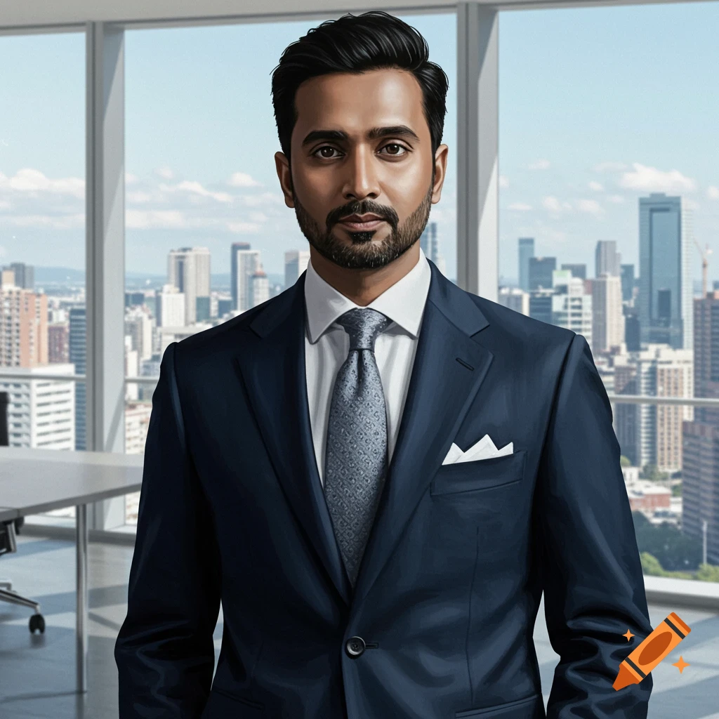 A man in a suit stands in front of a window overlooking a city.