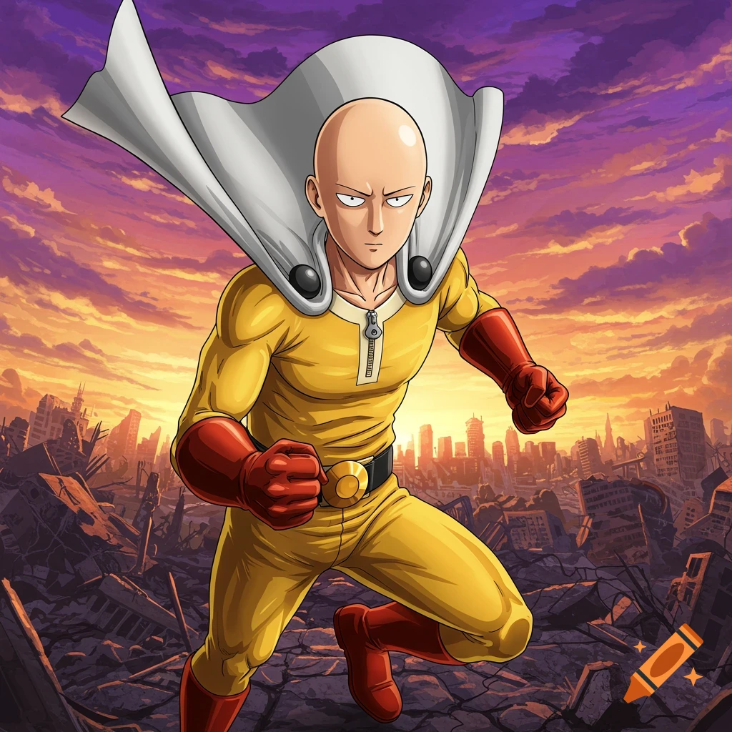 One-Punch Man character Saitama running through a destroyed city at sunset