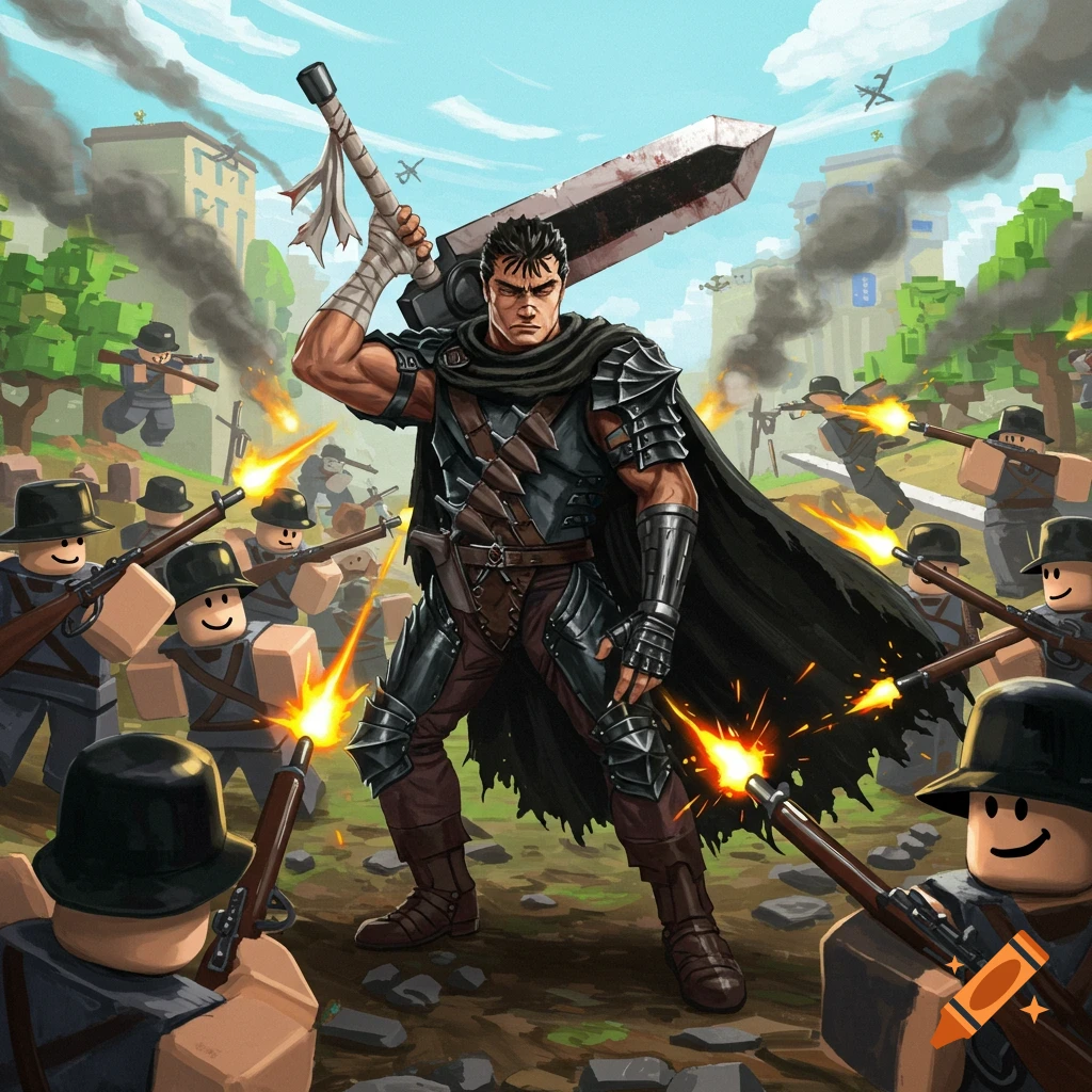 Guts stands among blocky Roblox soldiers in a battle scene.