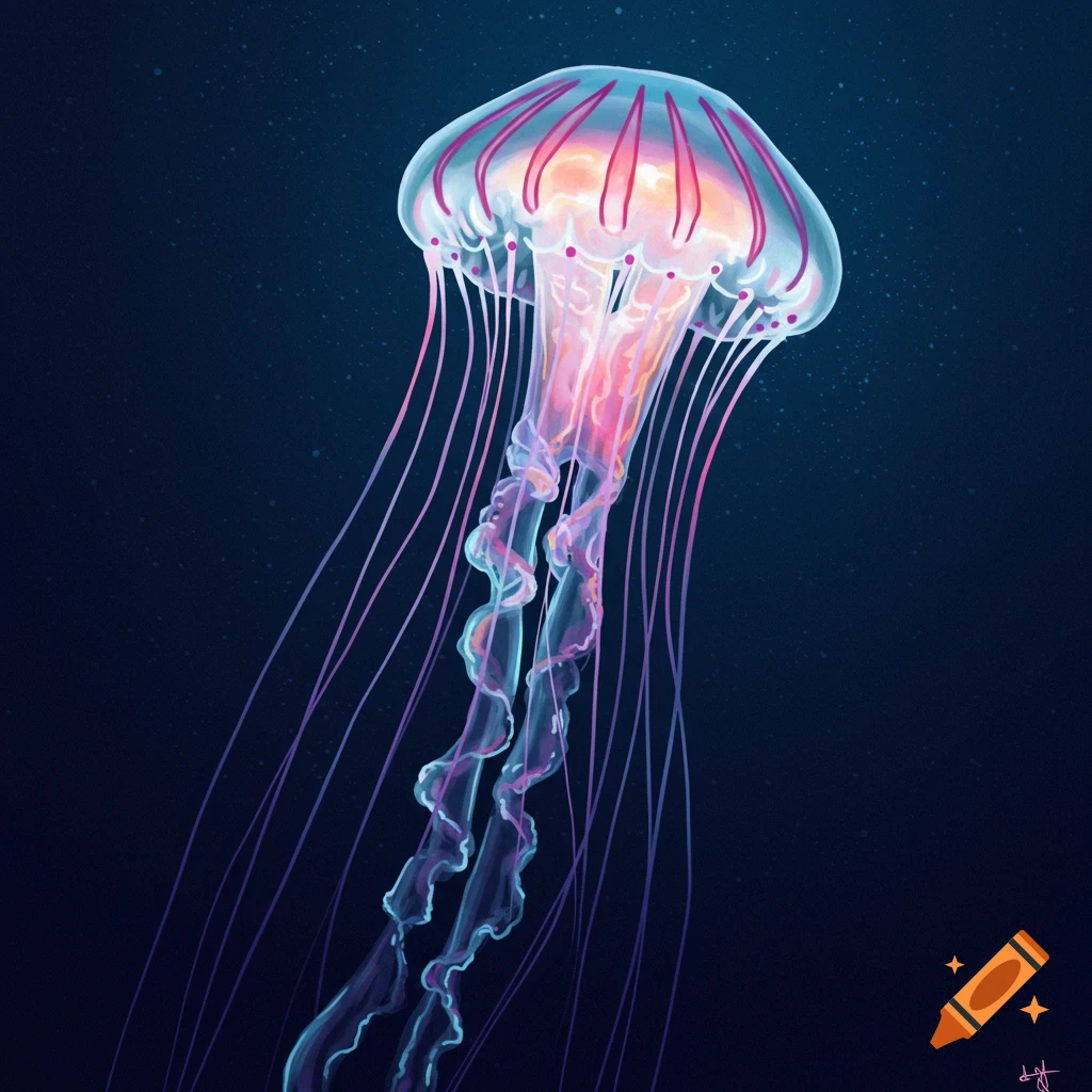 A bioluminescent jellyfish with long pink and purple tentacles floating in dark water with bubbles.