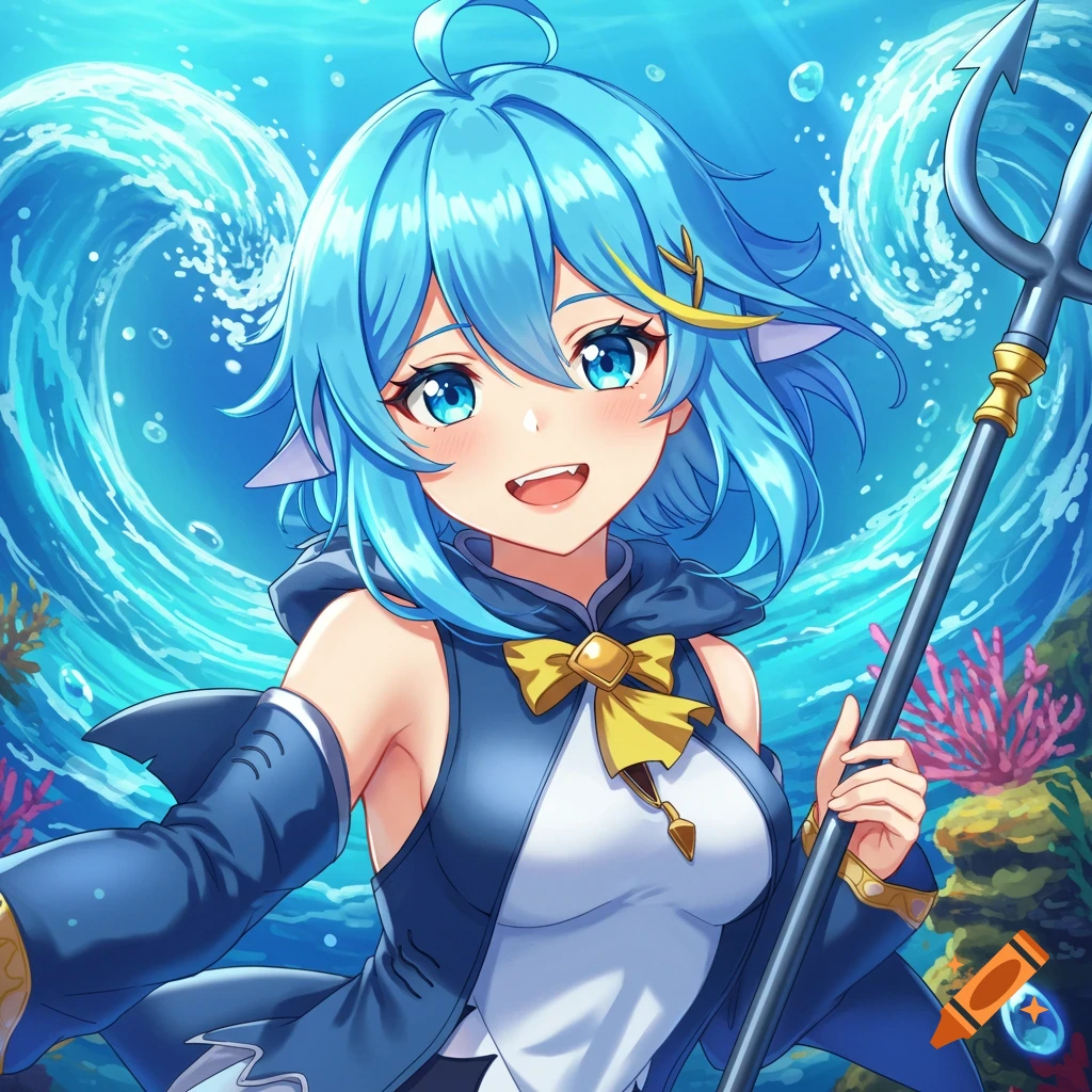 Anime girl resembling Gawr Gura underwater holding a trident.