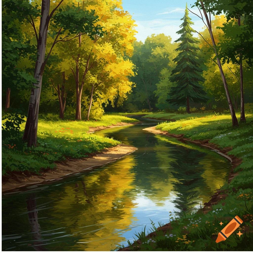 A winding river flows through a sunny forest.