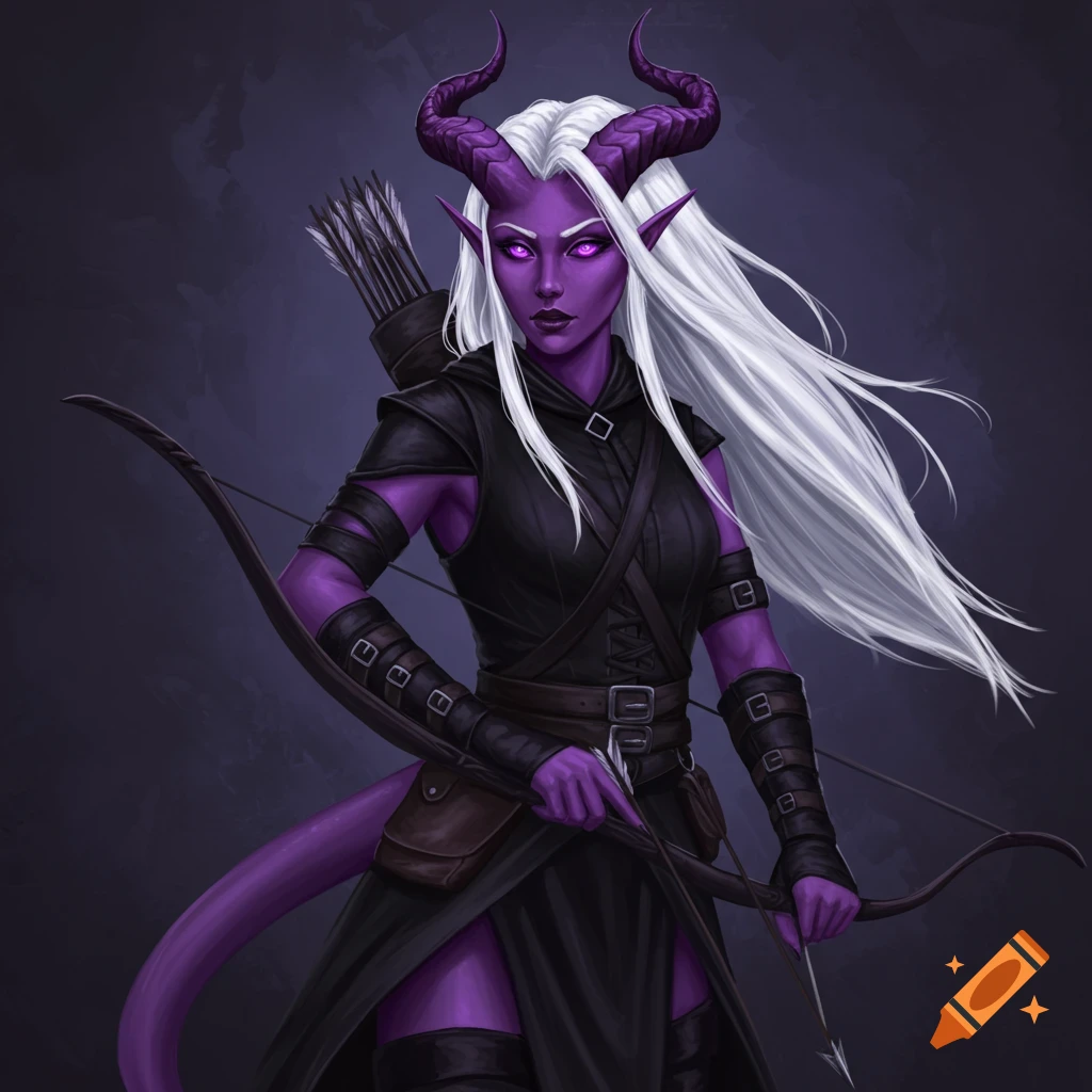 A portrait of a purple-skinned tiefling woman with white hair and purple horns. She is holding a bow and arrow.