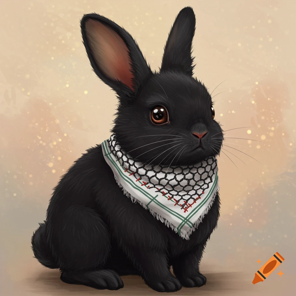 A fluffy black rabbit wearing a patterned kuffiyeh scarf.