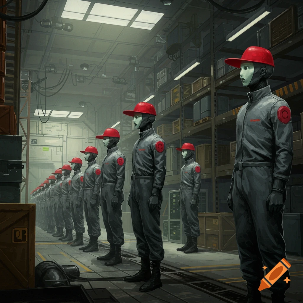 A line of human-like robots in red hats and grey uniforms standing in a warehouse.