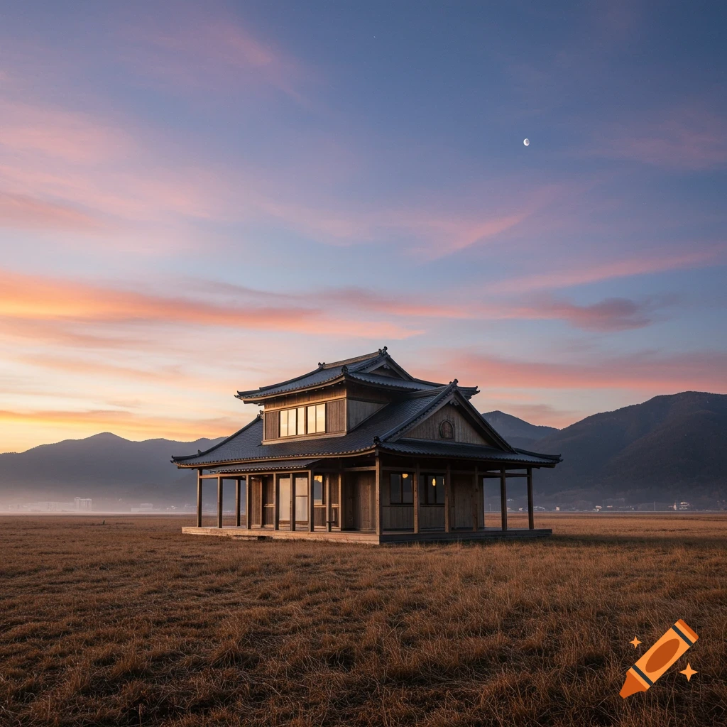 A traditional house stands in a vast field at sunset with mountains and a crescent moon.