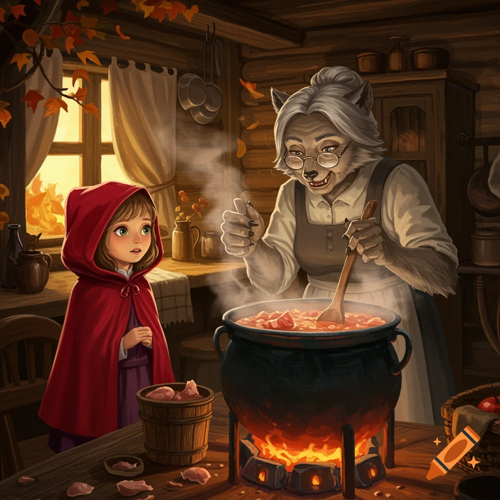 Young girl in red cloak watching a wolf-grandmother stir a large pot in a rustic kitchen, fairytale style