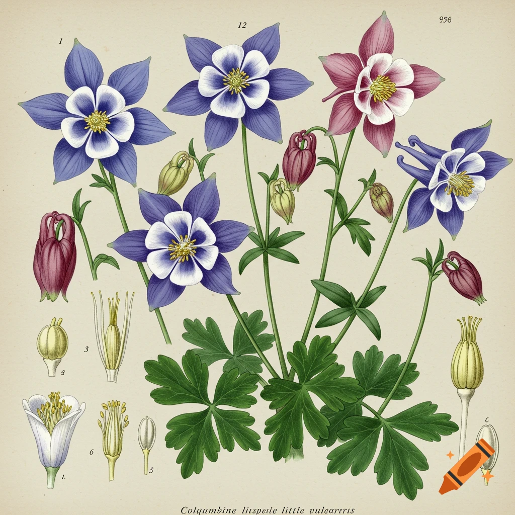 Botanical illustration of columbine flowers and plant parts with labels and text, in an encyclopedic drawing style.