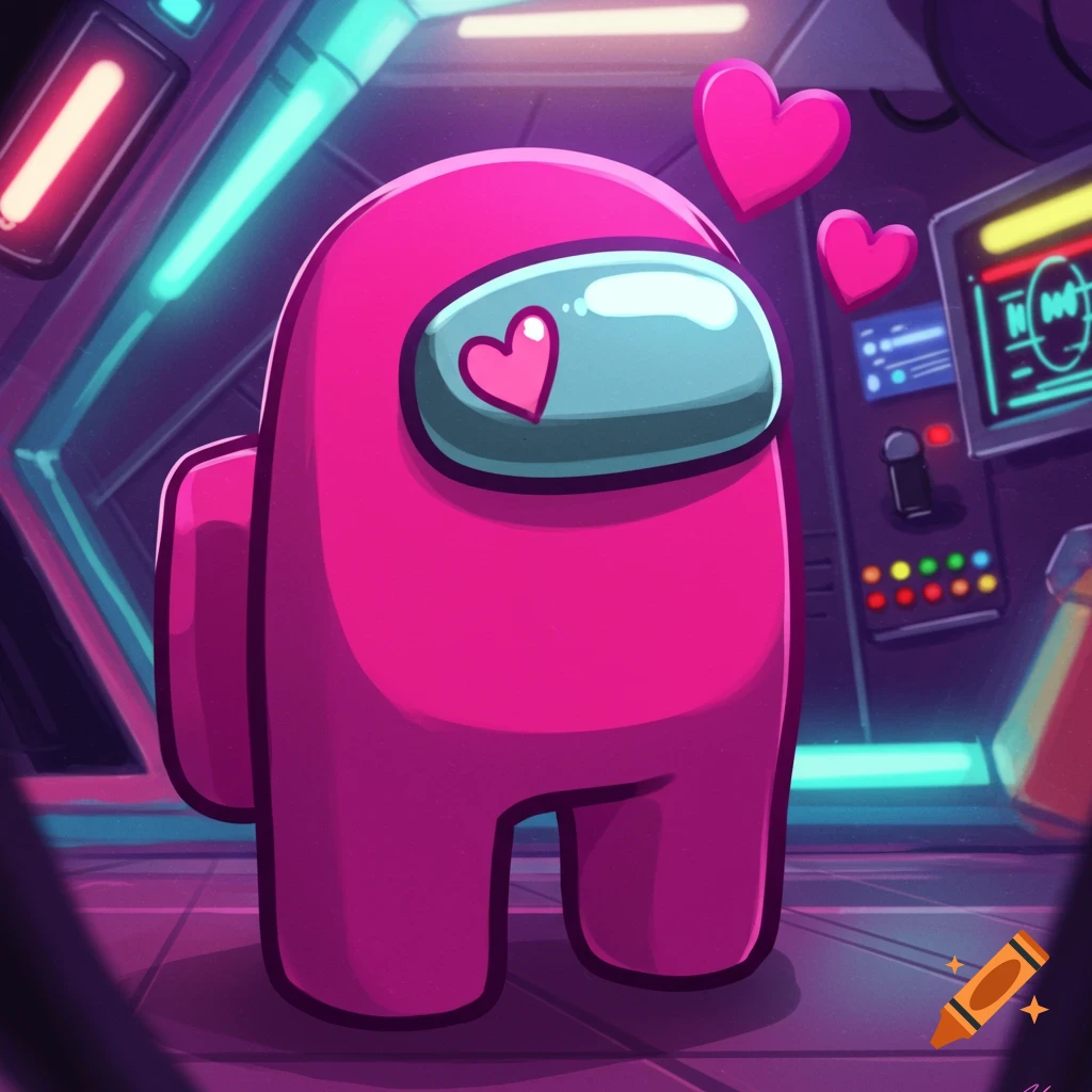 A pink Among Us character with hearts floating around its head in a spaceship setting.