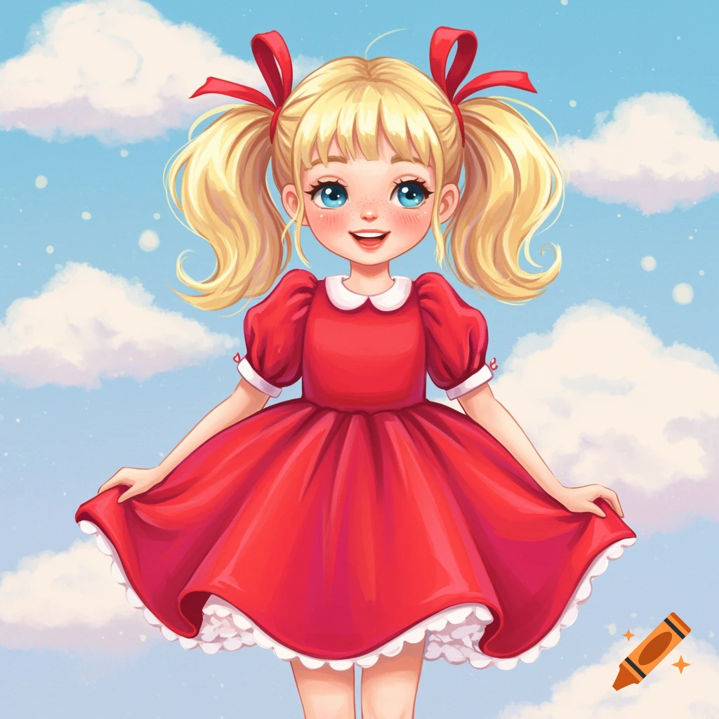 A whimsical image of a young girl in a red dress with pigtails standing against a cloudy blue sky.