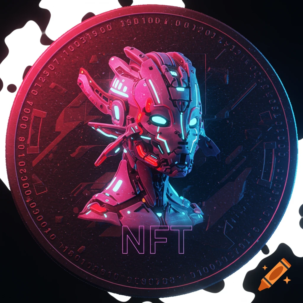 Cyberpunk robot head on a dark coin with red and blue lighting and 'NFT' text.
