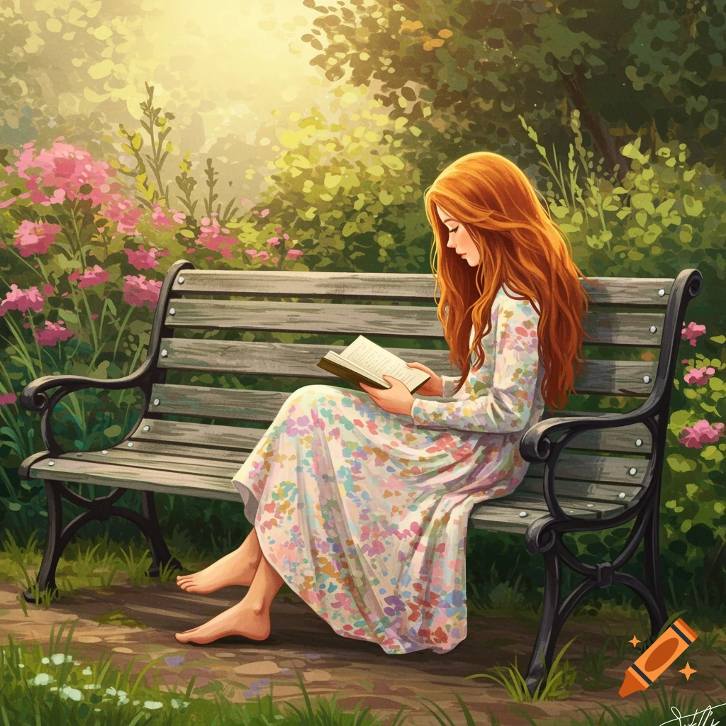 A red-haired young woman in a floral dress reads a book on a park bench in a sunny garden.