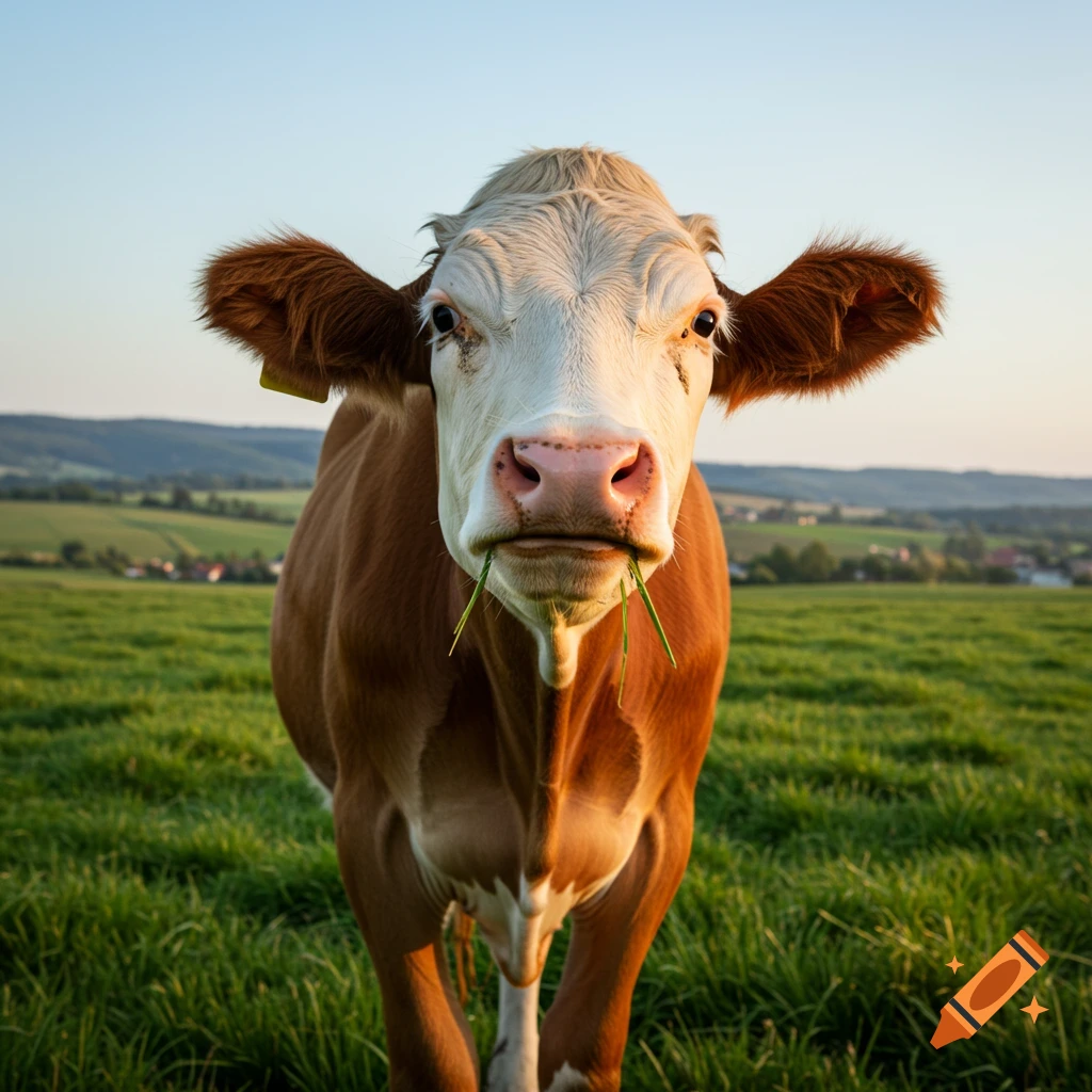 A brown and white cow with blades of grass in its mouth stands in a green field at sunset.