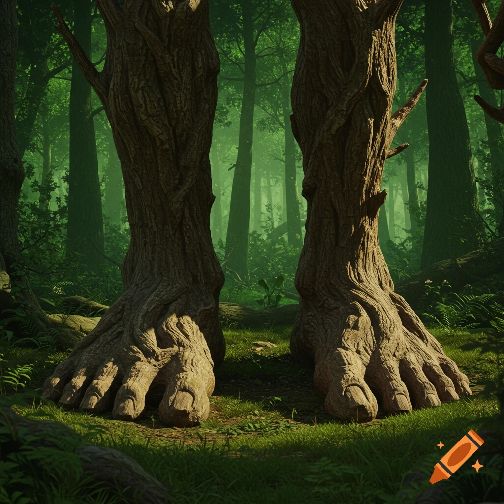 Two large tree trunk legs end in feet in a green forest clearing