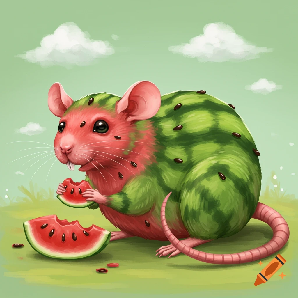 A watermelon rat hybrid is sitting on grass and eating a slice of watermelon.