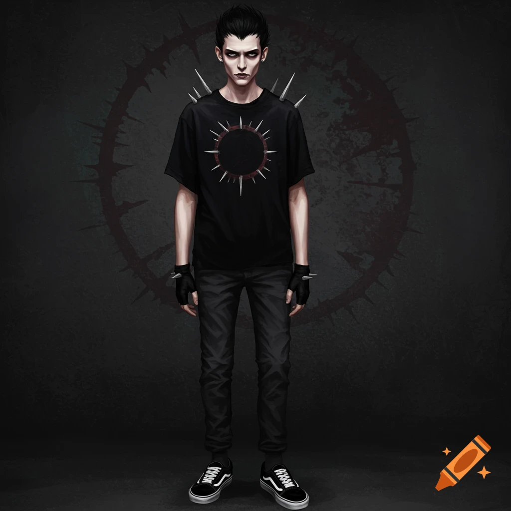A pale young man with black scene hair is depicted wearing a black t-shirt with a spiked circle design, black fingerless gloves, gray pants, and black shoes.
