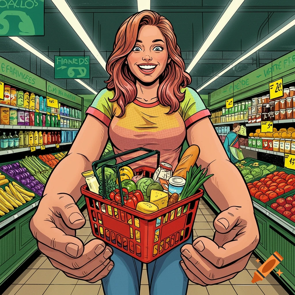 A woman with large hands holds a shopping basket filled with groceries in a stylized grocery store.