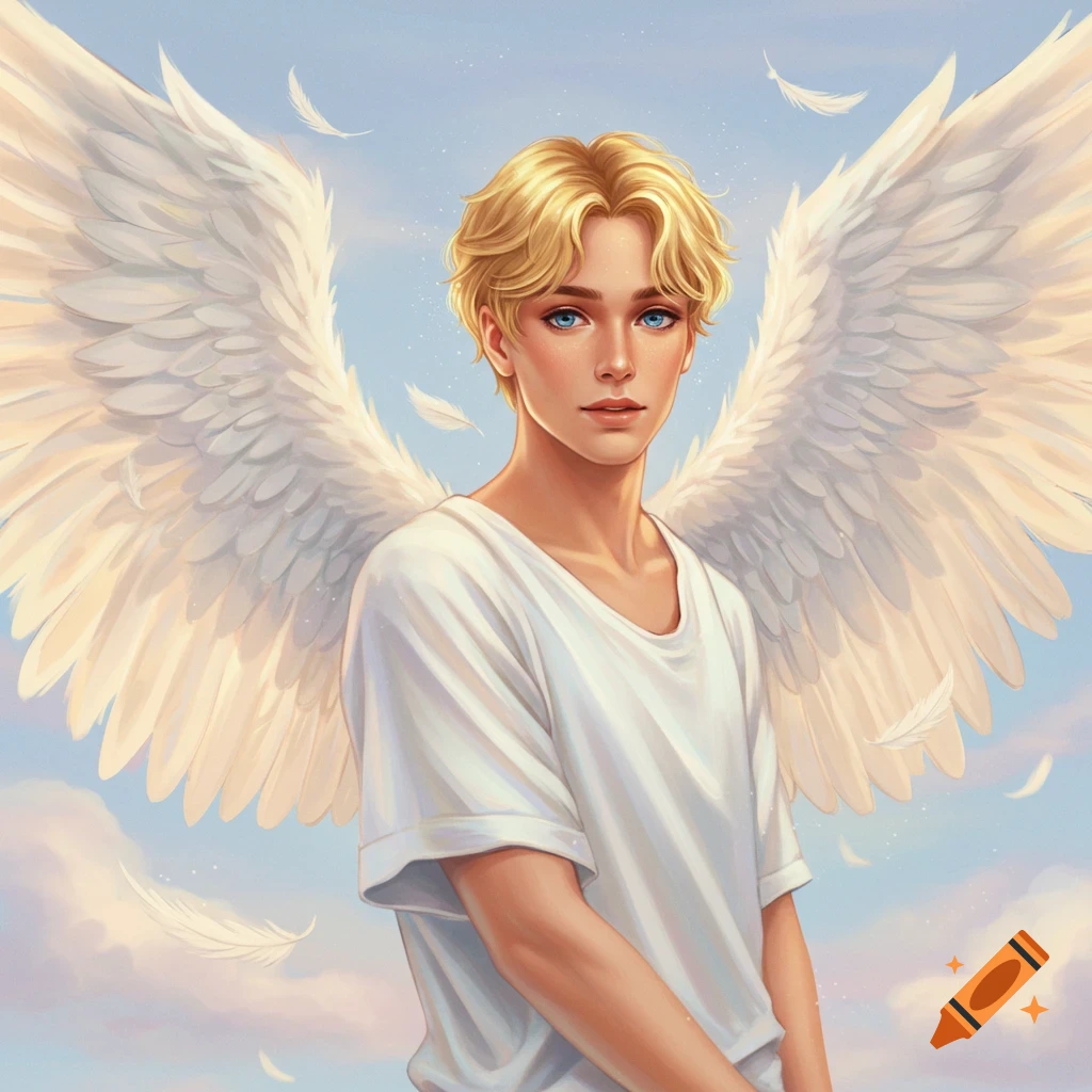 A young man with blonde hair and large white wings is positioned against a cloudy blue sky, with feathers drifting in the air around him.