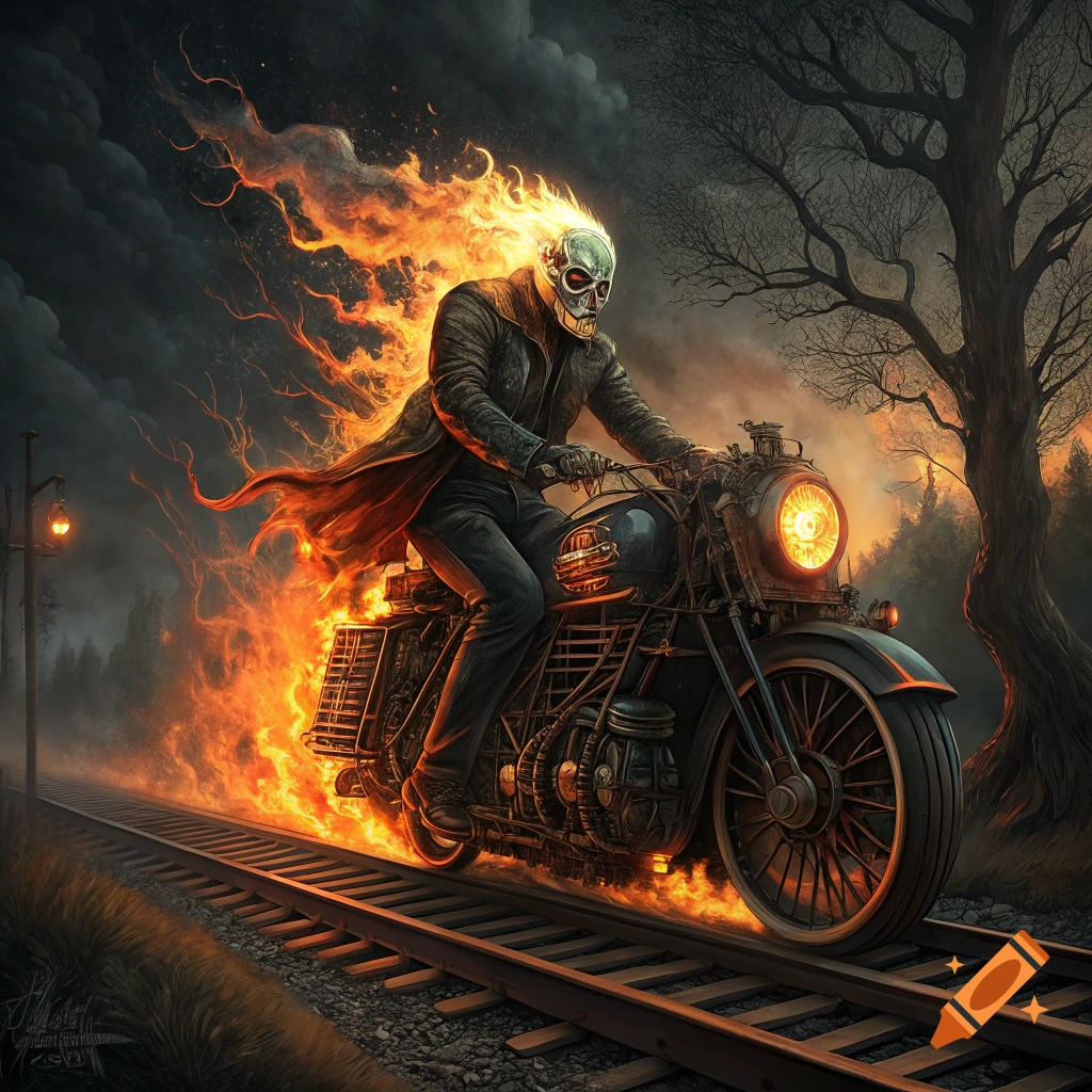 Fiery skeletal rider on a train-motorcycle hybrid speeding down railroad tracks at sunset.