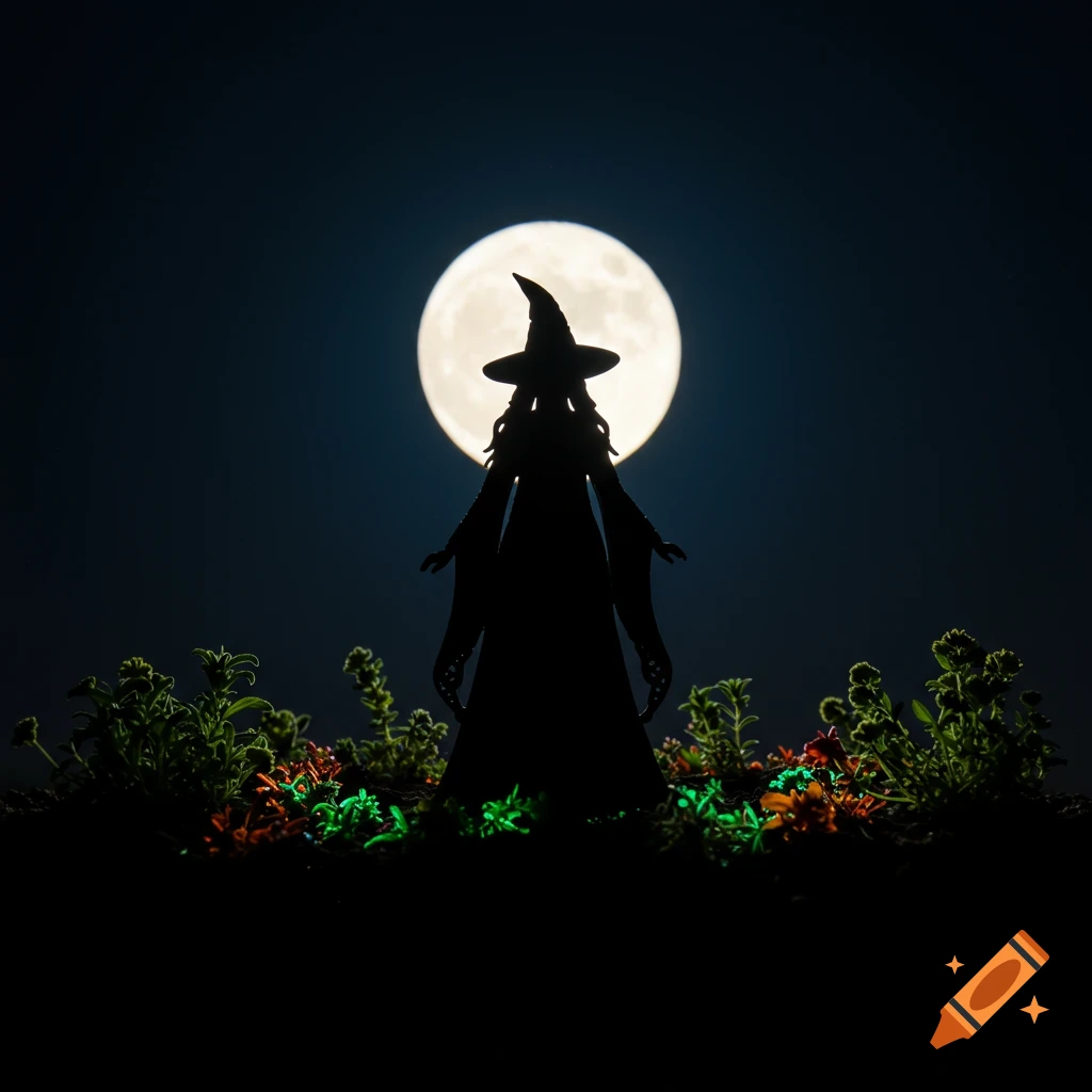 Silhouette of a witch standing in front of a full moon with plants in the foreground.