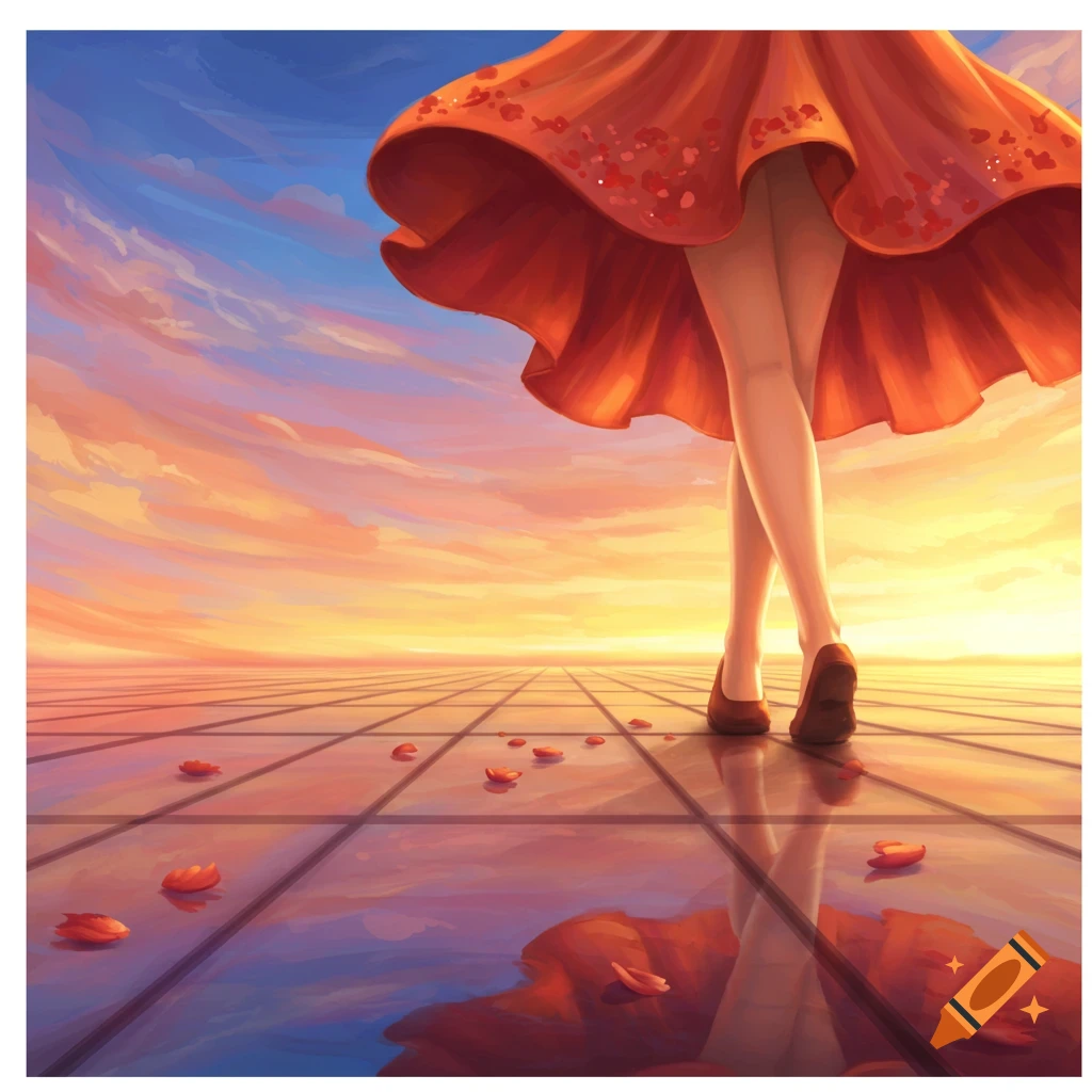 Legs and a flowing orange skirt are depicted on a reflective tiled surface under a vibrant sunset sky, with scattered red petals.