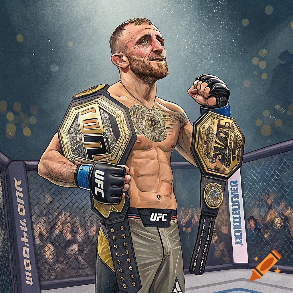 Illustration of MMA fighter Alexander Volkanovski holding two UFC championship belts.