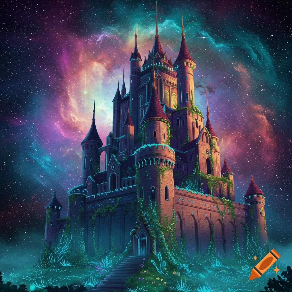 A fantasy castle stands against a backdrop of a vibrant nebula and stars.