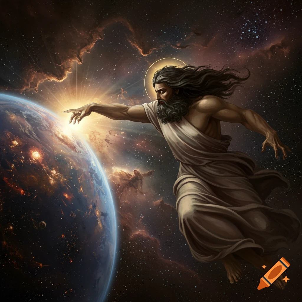 A deity figure reaches out to create Earth in space, gothic style.