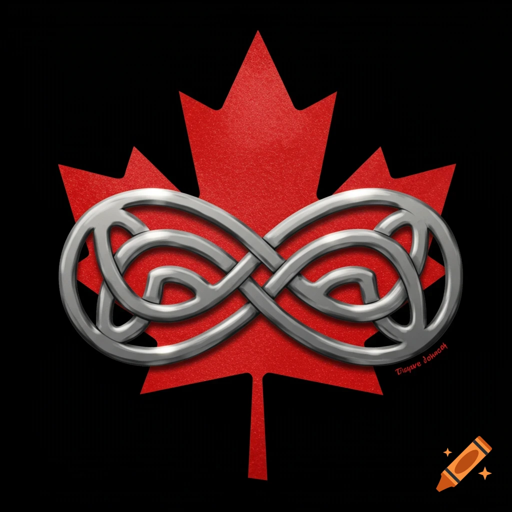 A silver celtic infinity knot over a red maple leaf on a black background.