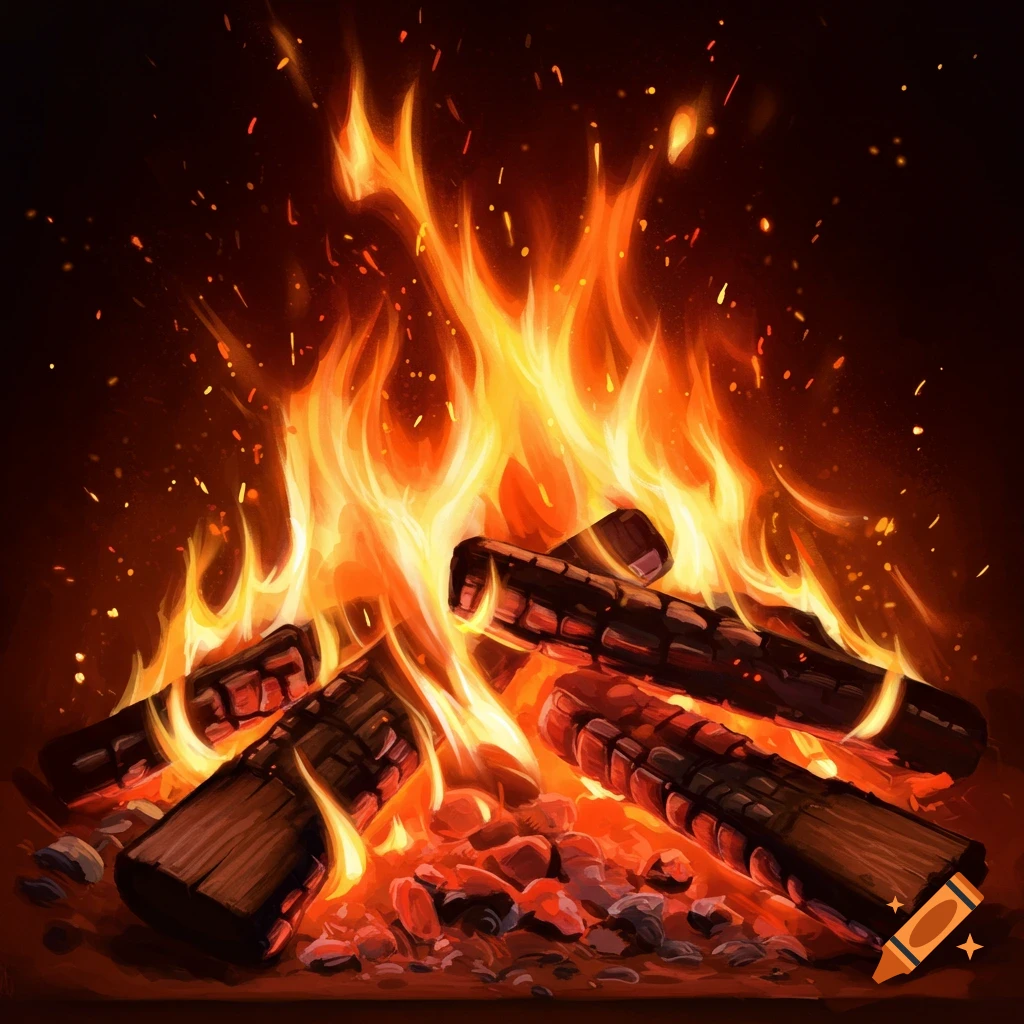 A fire burns in a fireplace, with logs and embers visible.