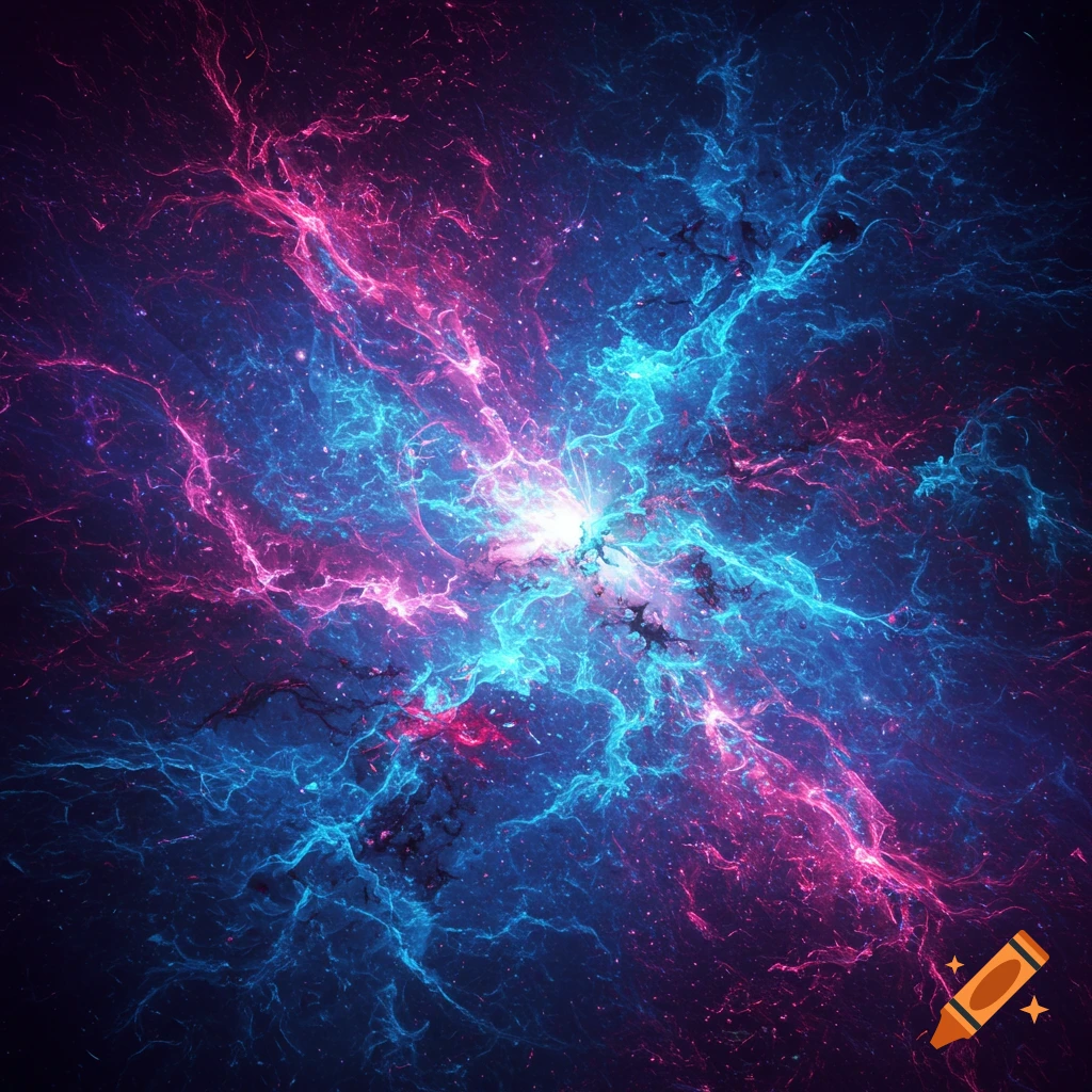 Abstract digital art of swirling pink and blue energy in dark space