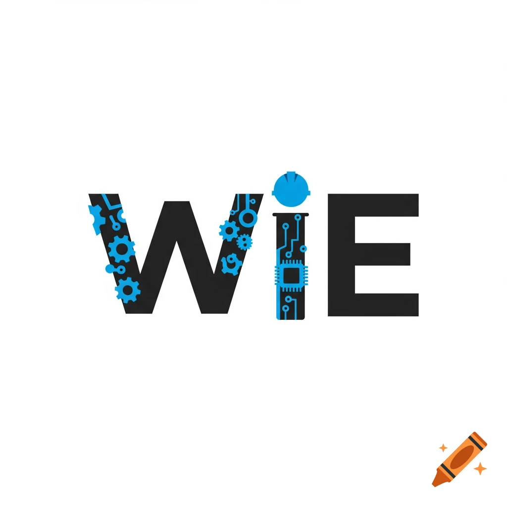 Logo spelling WiE with engineering symbols inside the W and I