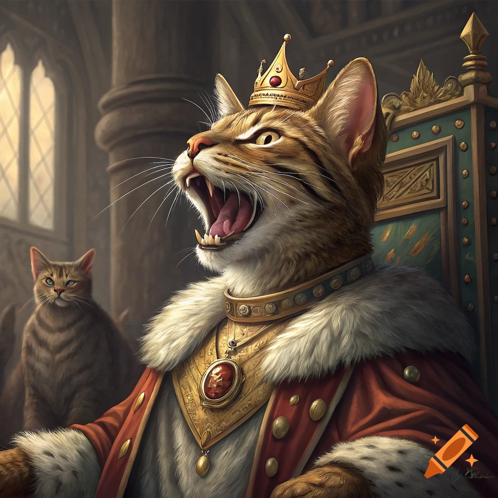 Realistic depiction of a cat king on a throne, wearing a crown and robe, roaring, with another cat behind
