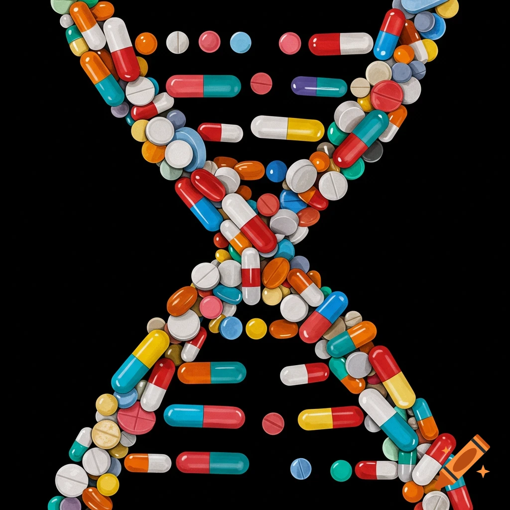 Colorful pills and capsules forming a DNA helix on a black background.