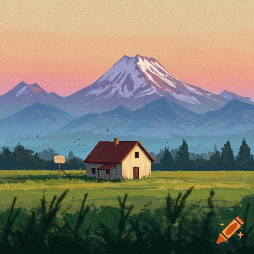 A house in a field with mountains at sunset.