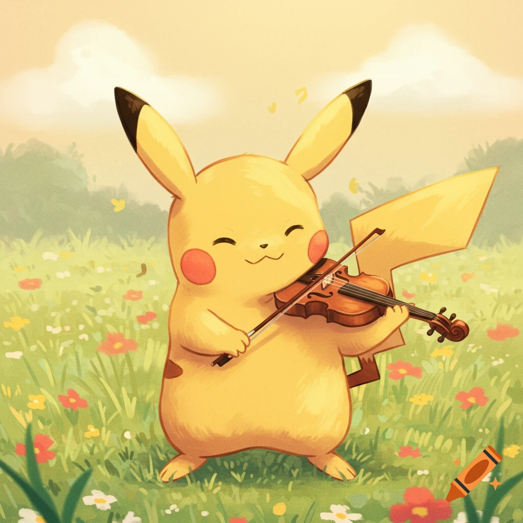 Pikachu plays the violin in a grassy field with flowers and butterflies.