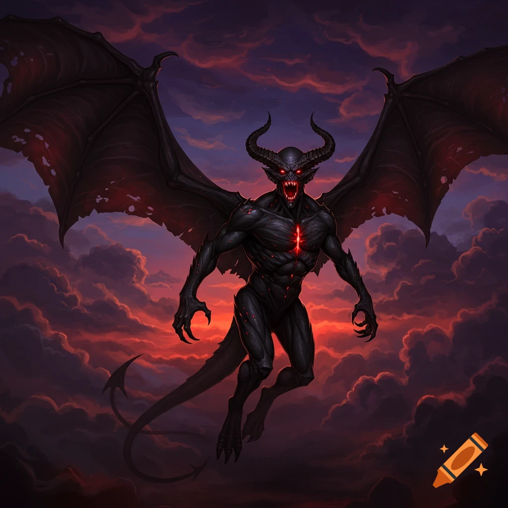 A black demon with horns and wings is shown flying through dark red clouds.