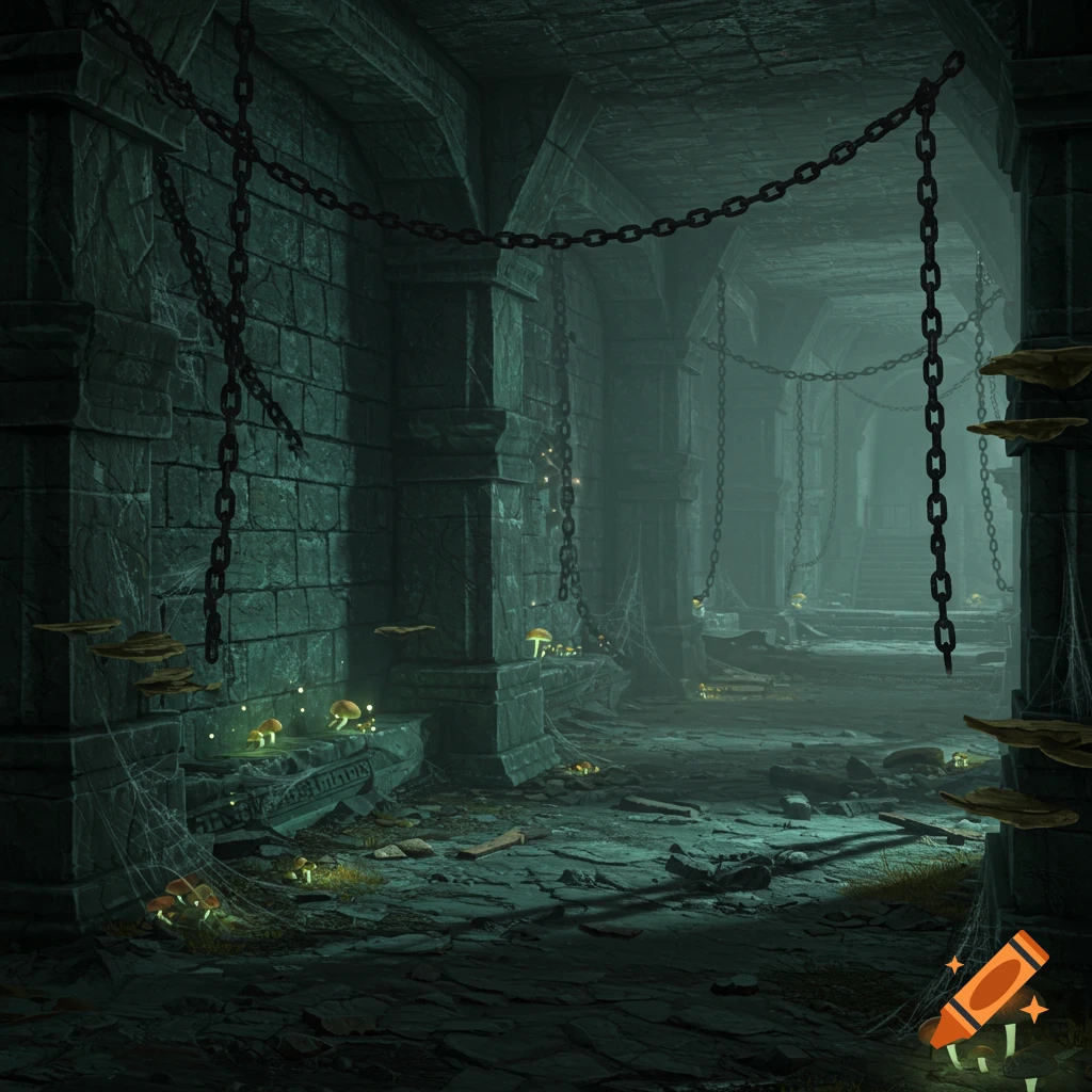 Dark fantasy art of gothic underground catacombs with chains, columns, and glowing mushrooms on rubble.