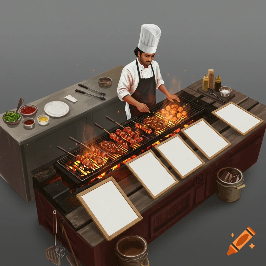 Image of a chef grilling food on a large grill with blank boards.
