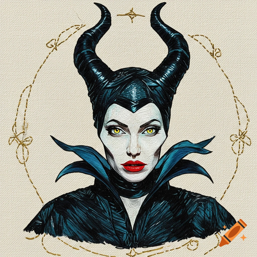 Embroidered portrait of Maleficent with horns and yellow eyes