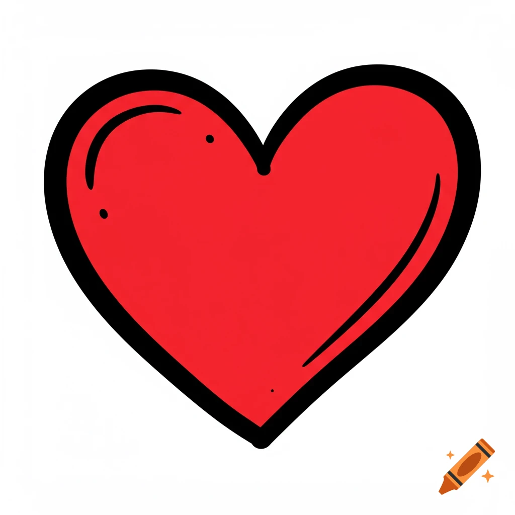 Hand-drawn red heart with a black outline.