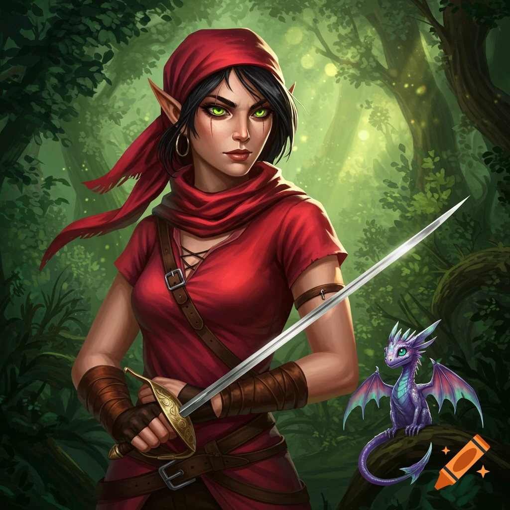 A female elf with a sword and a tiny dragon in a forest.
