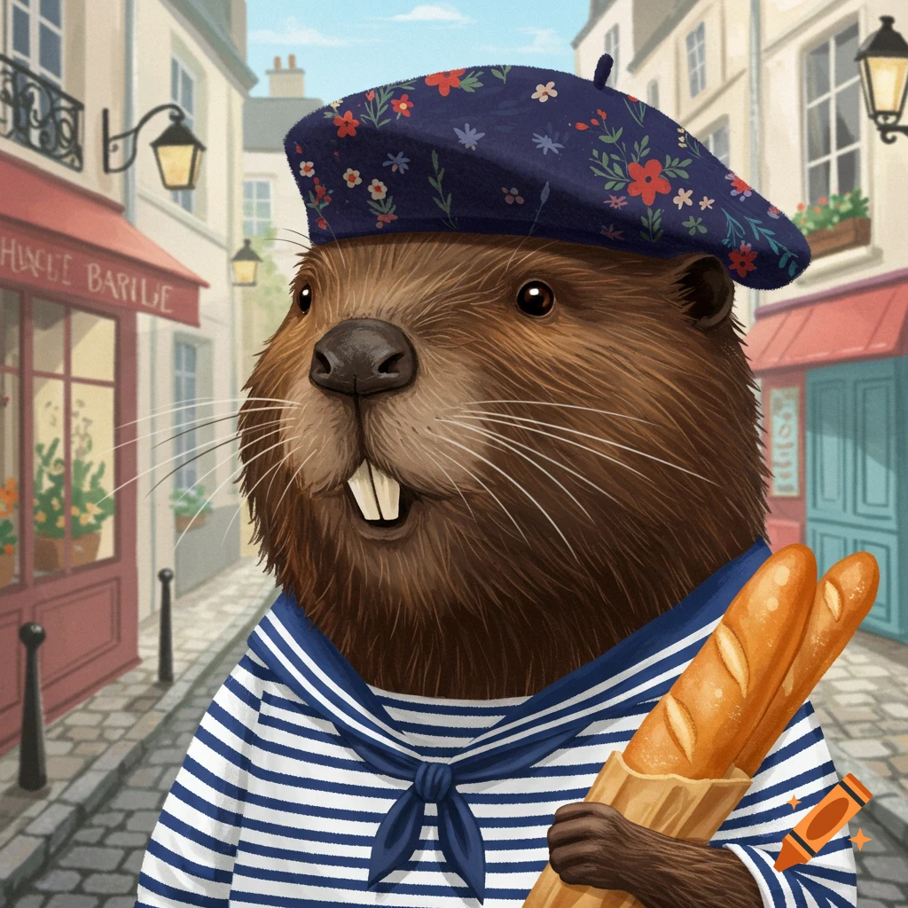 A beaver in a beret and sailor shirt holds baguettes on a French street.