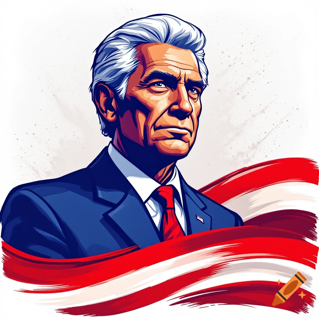 Stylized image of a man in a suit with an American flag motif.